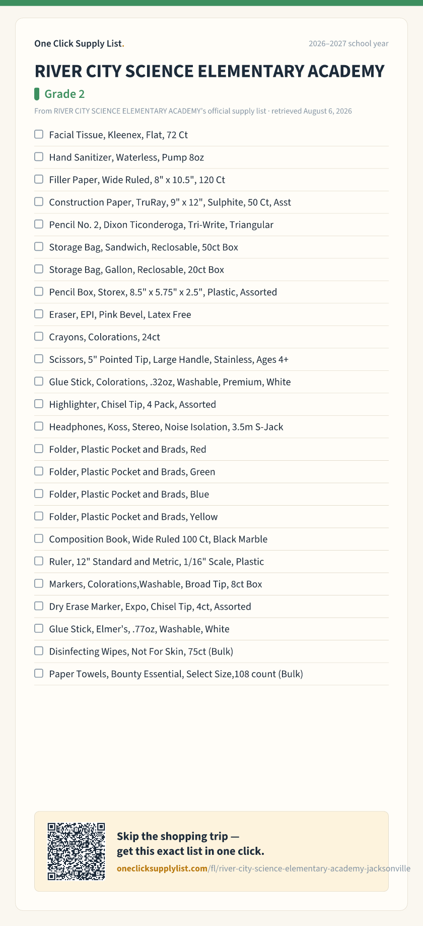 RIVER CITY SCIENCE ELEMENTARY ACADEMY Grade 2 supply list — printable image