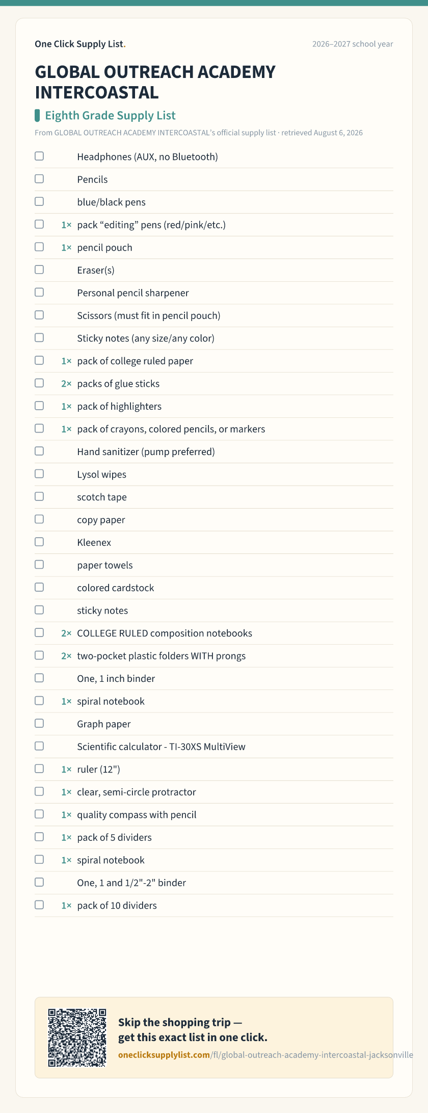 GLOBAL OUTREACH ACADEMY INTERCOASTAL Eighth Grade Supply List supply list — printable image
