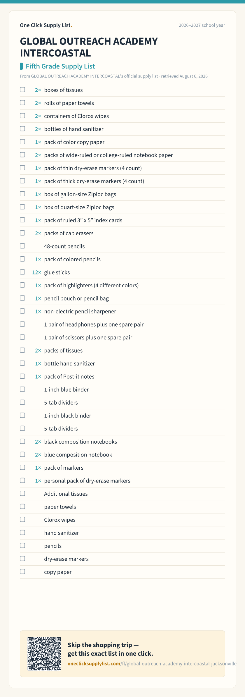 GLOBAL OUTREACH ACADEMY INTERCOASTAL Fifth Grade Supply List supply list — printable image