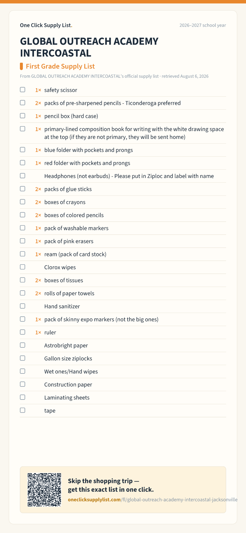 GLOBAL OUTREACH ACADEMY INTERCOASTAL First Grade Supply List supply list — printable image
