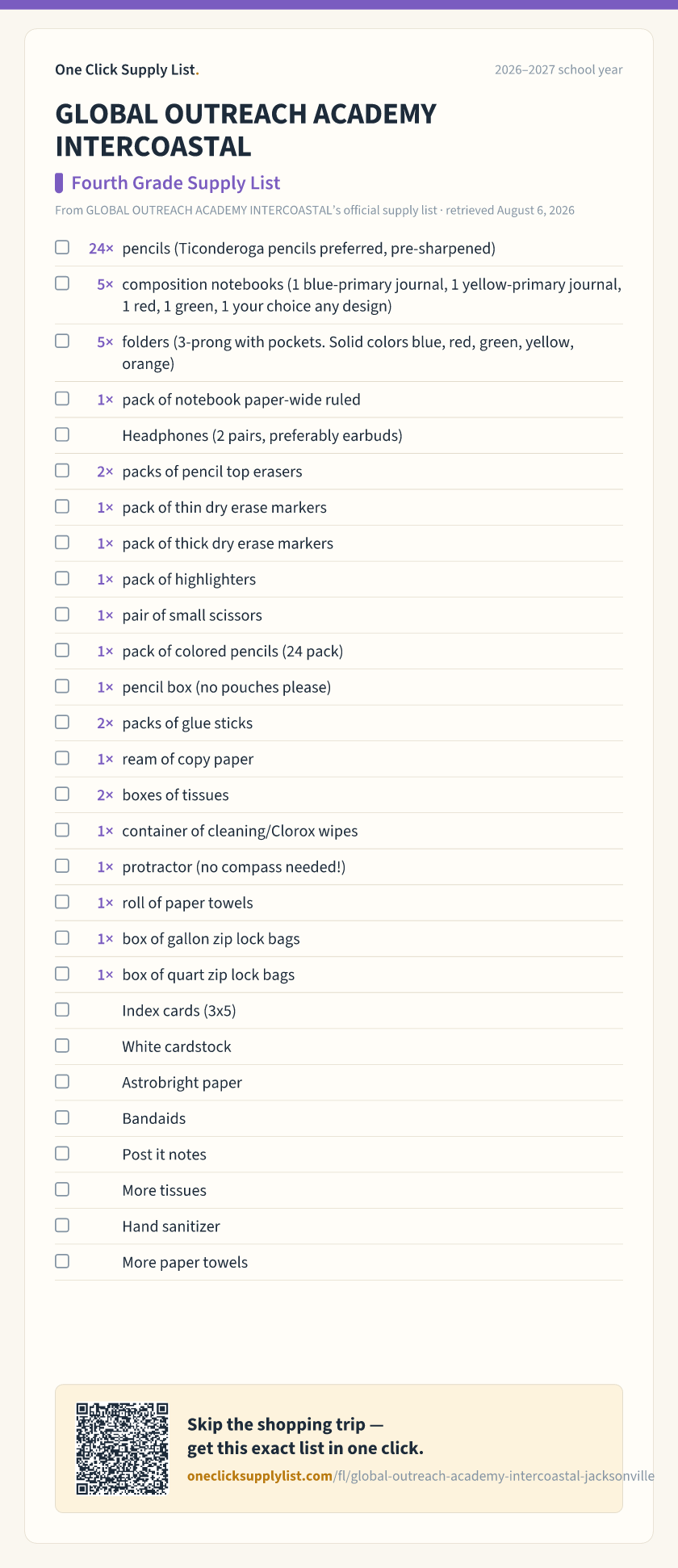GLOBAL OUTREACH ACADEMY INTERCOASTAL Fourth Grade Supply List supply list — printable image