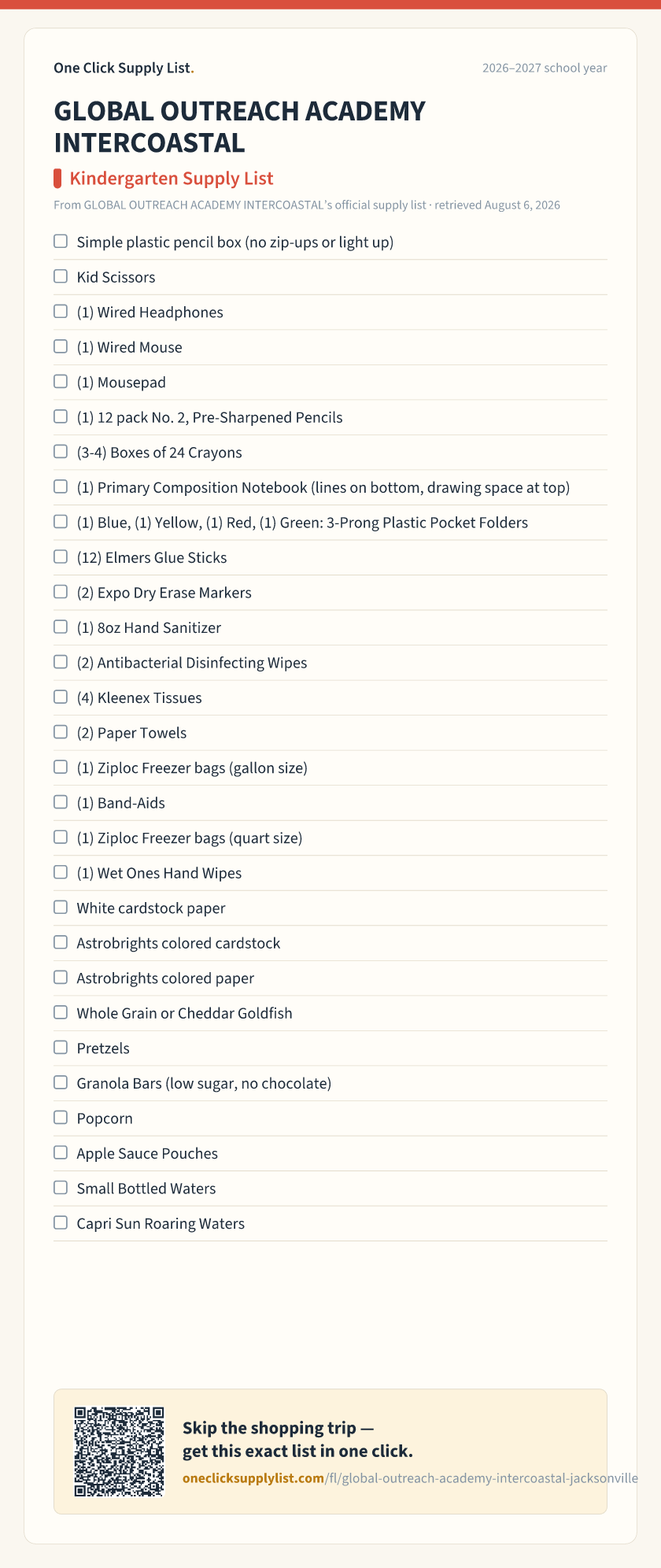 GLOBAL OUTREACH ACADEMY INTERCOASTAL Kindergarten Supply List supply list — printable image