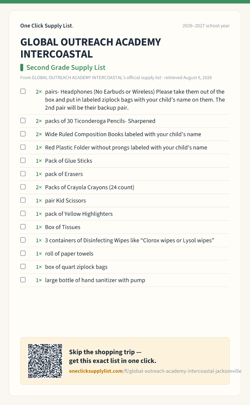 GLOBAL OUTREACH ACADEMY INTERCOASTAL Second Grade Supply List supply list — printable image
