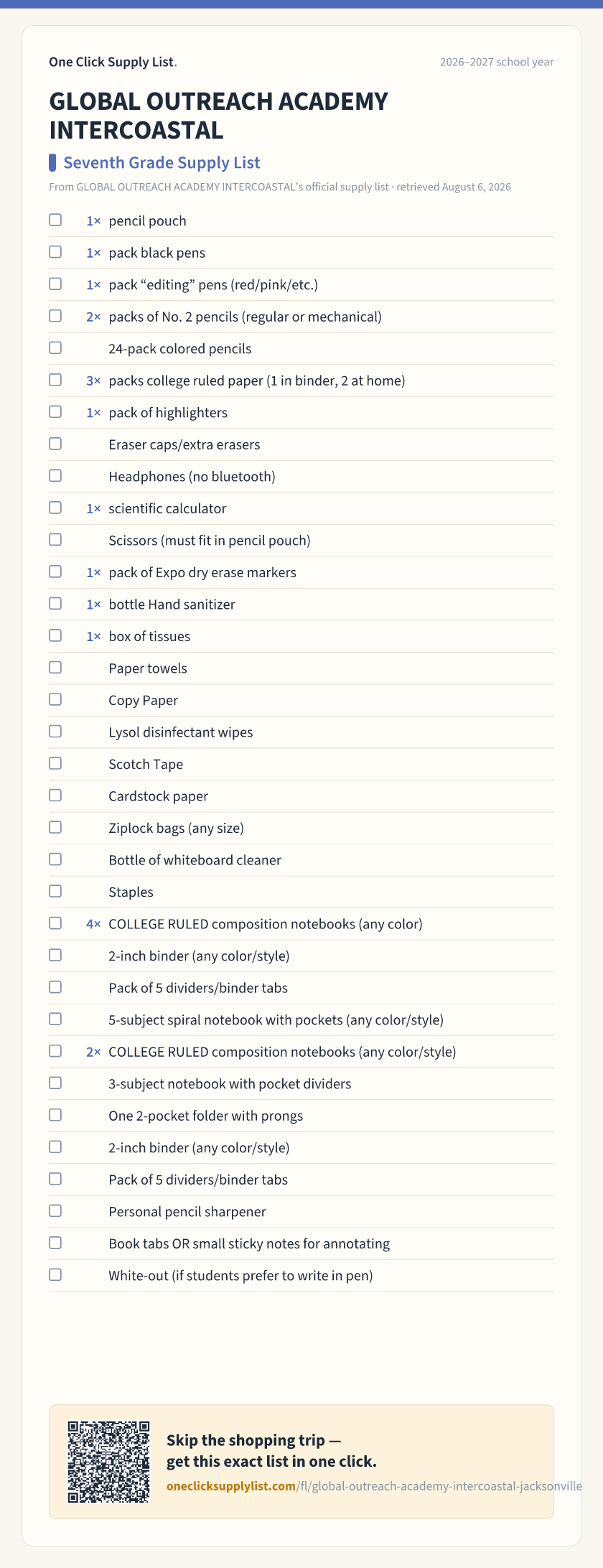 GLOBAL OUTREACH ACADEMY INTERCOASTAL Seventh Grade Supply List supply list — printable image