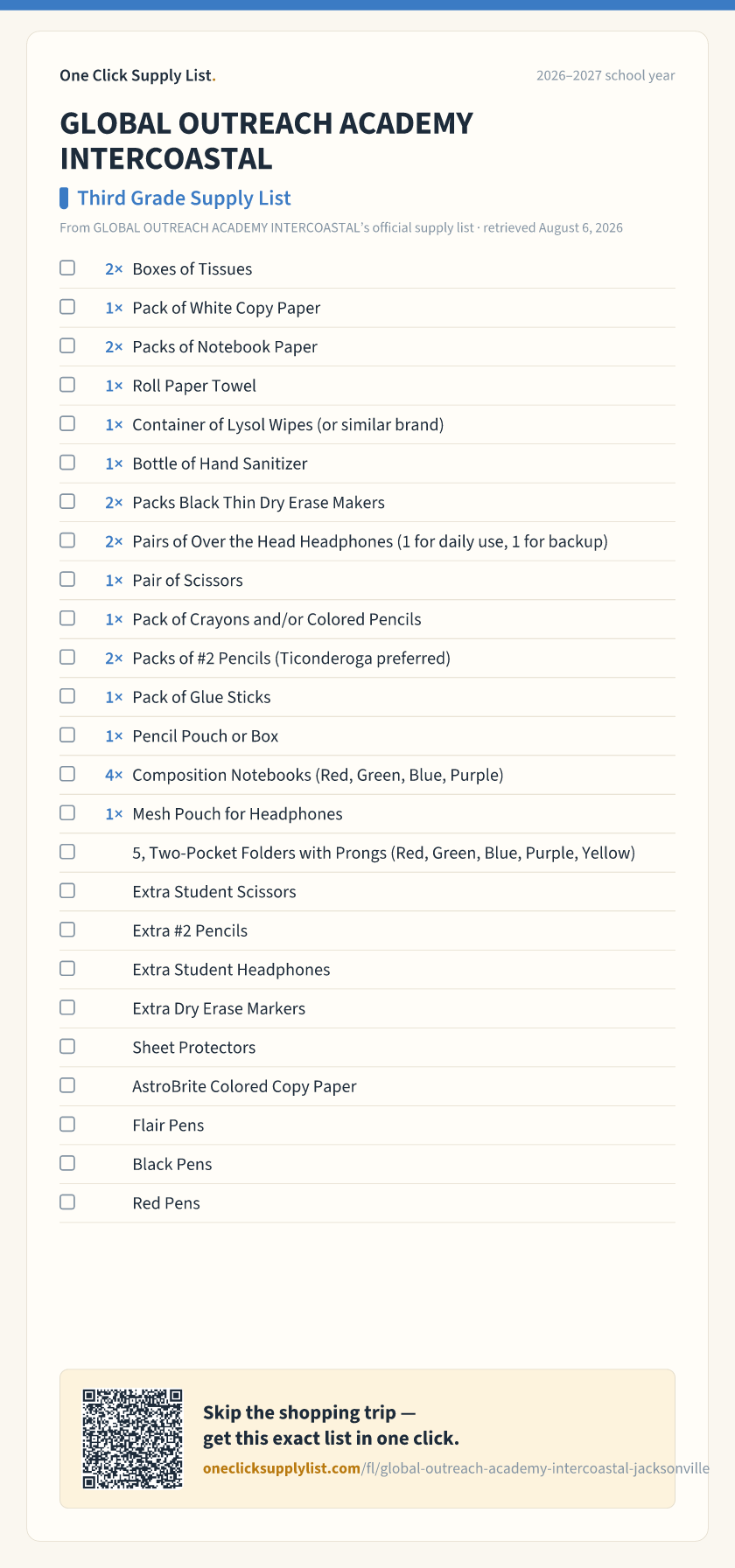 GLOBAL OUTREACH ACADEMY INTERCOASTAL Third Grade Supply List supply list — printable image