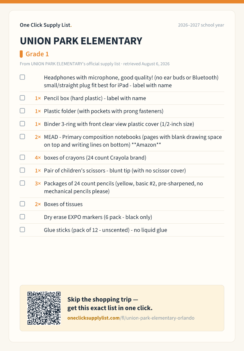 UNION PARK ELEMENTARY Grade 1 supply list — printable image