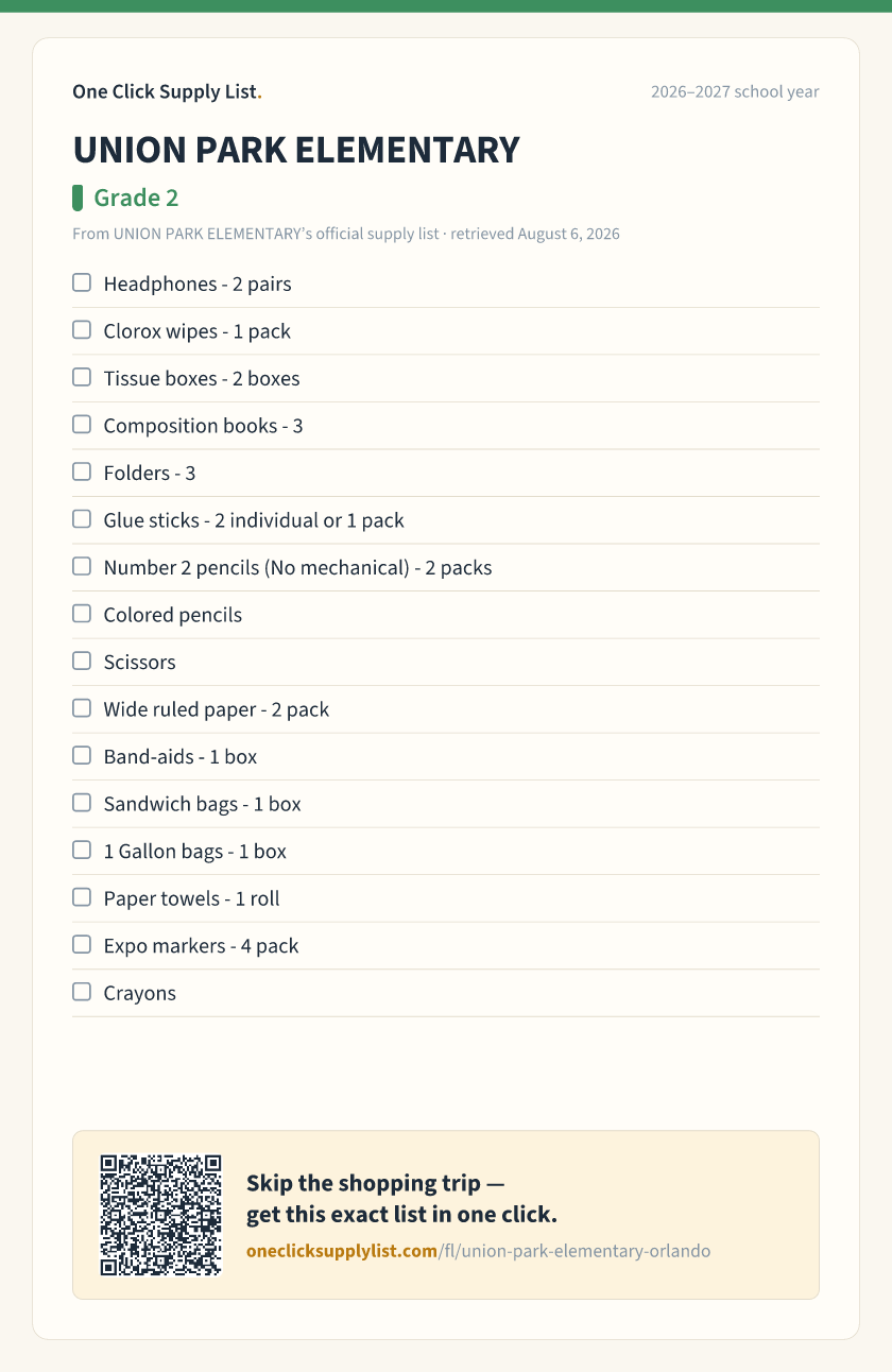 UNION PARK ELEMENTARY Grade 2 supply list — printable image