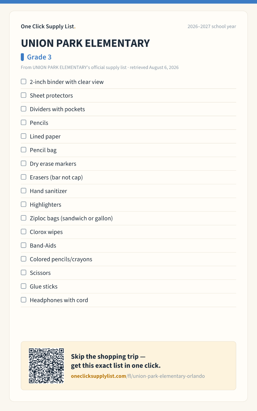UNION PARK ELEMENTARY Grade 3 supply list — printable image