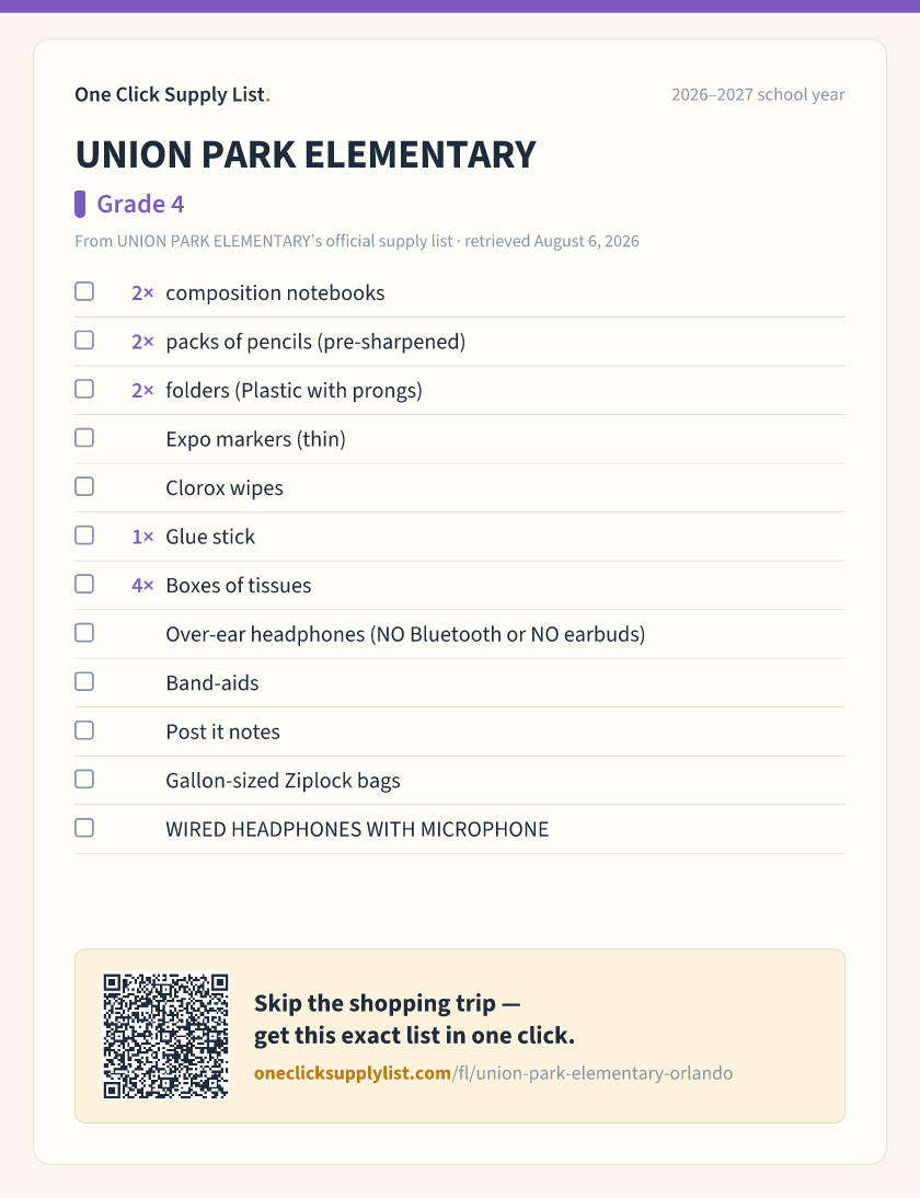 UNION PARK ELEMENTARY Grade 4 supply list — printable image