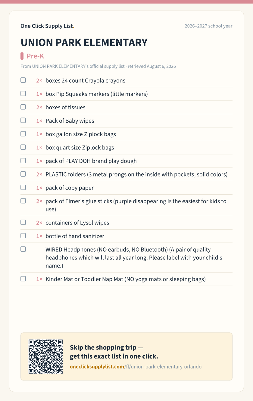UNION PARK ELEMENTARY Pre-K supply list — printable image