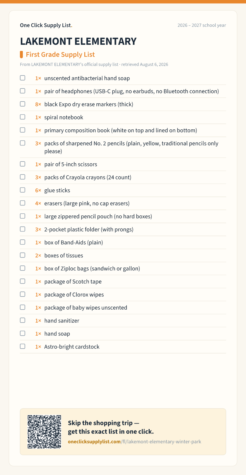 LAKEMONT ELEMENTARY First Grade Supply List supply list — printable image