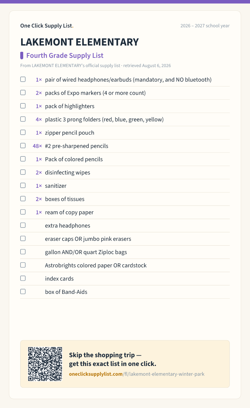 LAKEMONT ELEMENTARY Fourth Grade Supply List supply list — printable image