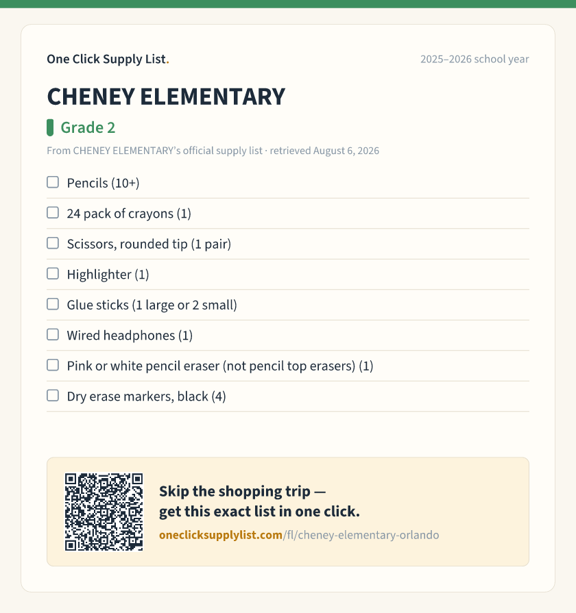 CHENEY ELEMENTARY Grade 2 supply list — printable image