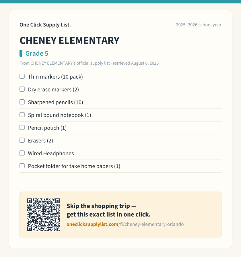 CHENEY ELEMENTARY Grade 5 supply list — printable image