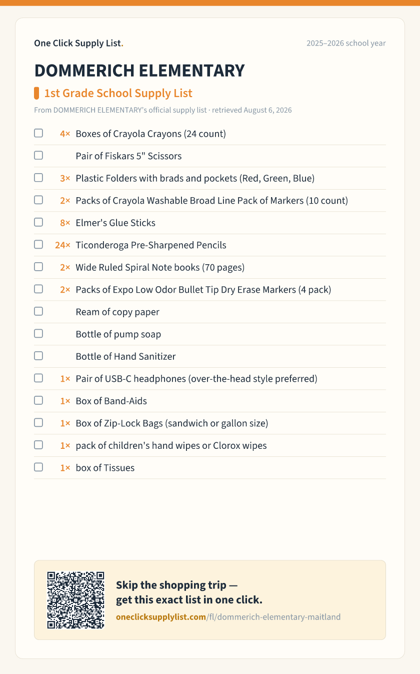 DOMMERICH ELEMENTARY 1st Grade School Supply List supply list — printable image