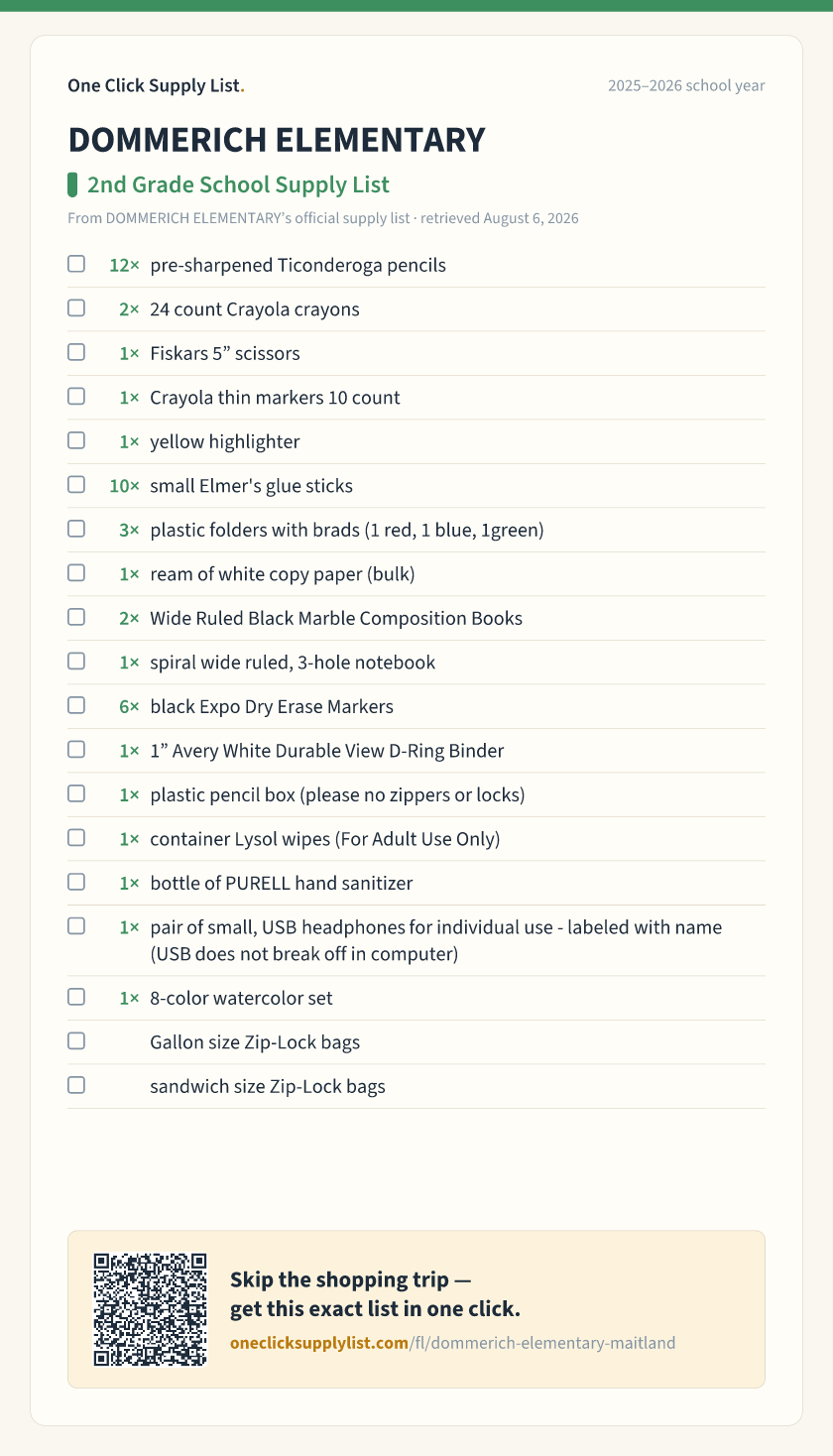 DOMMERICH ELEMENTARY 2nd Grade School Supply List supply list — printable image