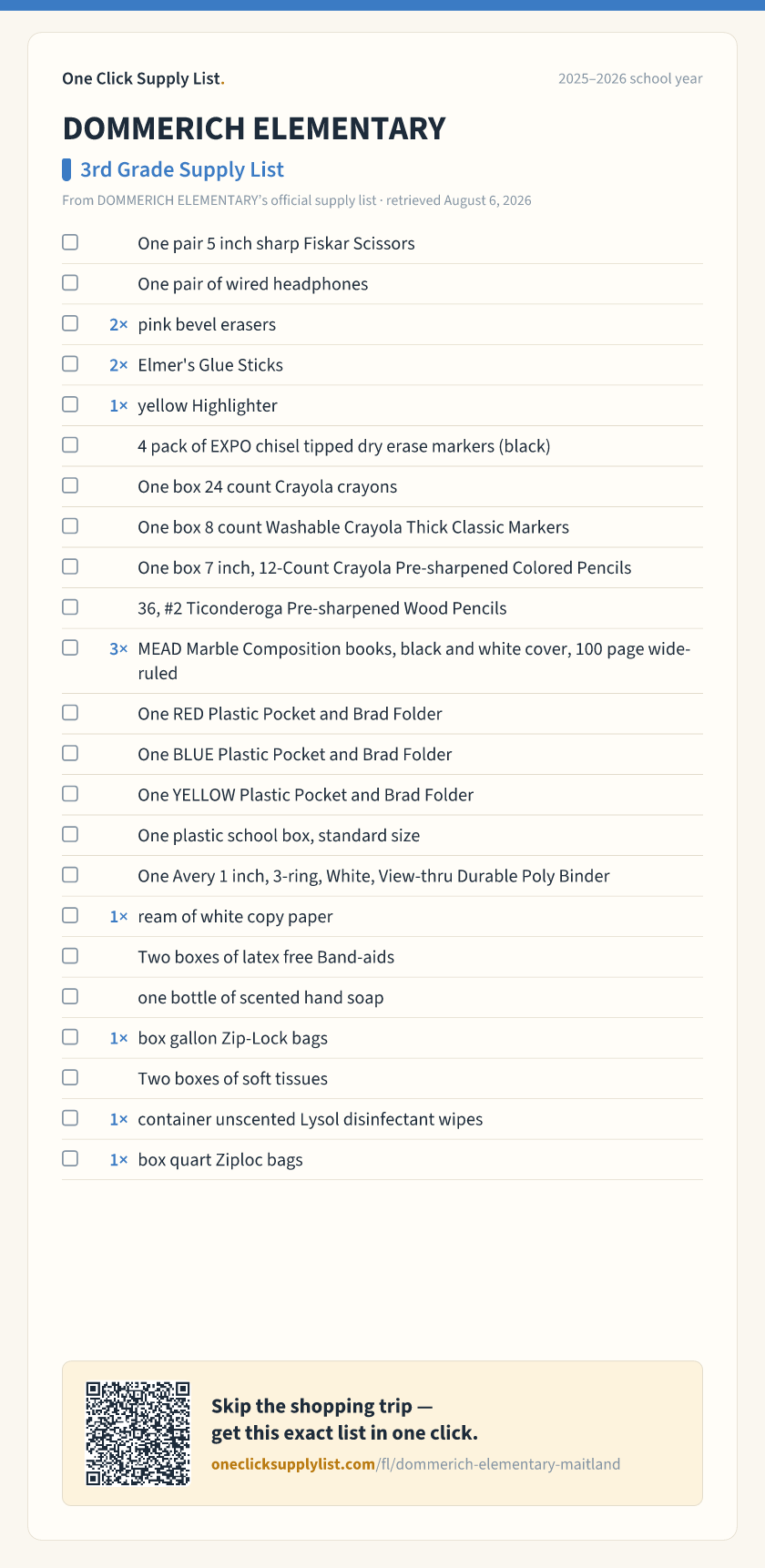 DOMMERICH ELEMENTARY 3rd Grade Supply List supply list — printable image