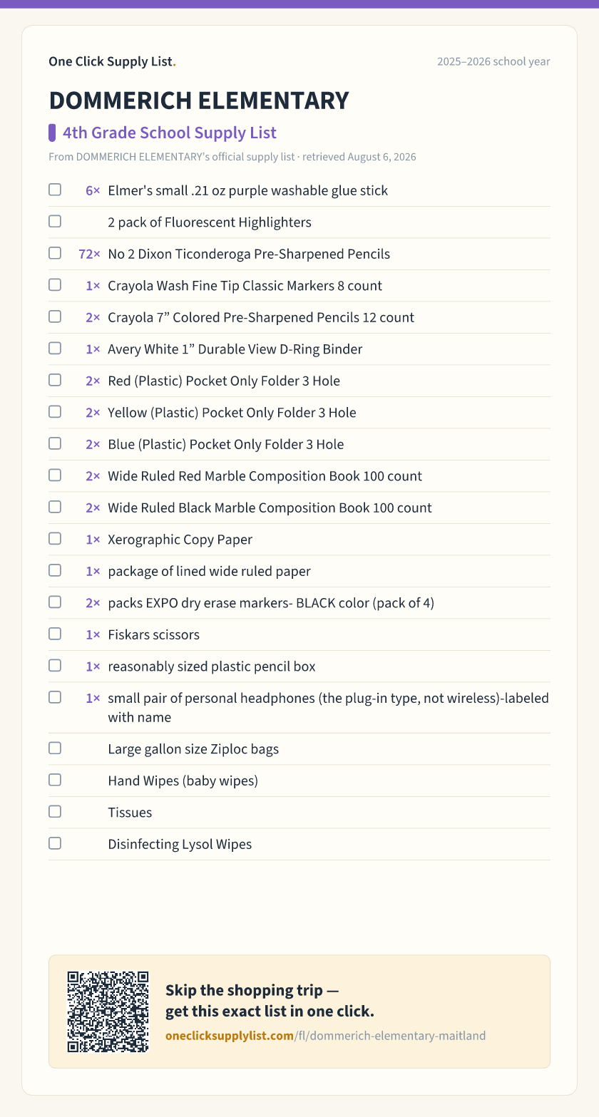 DOMMERICH ELEMENTARY 4th Grade School Supply List supply list — printable image