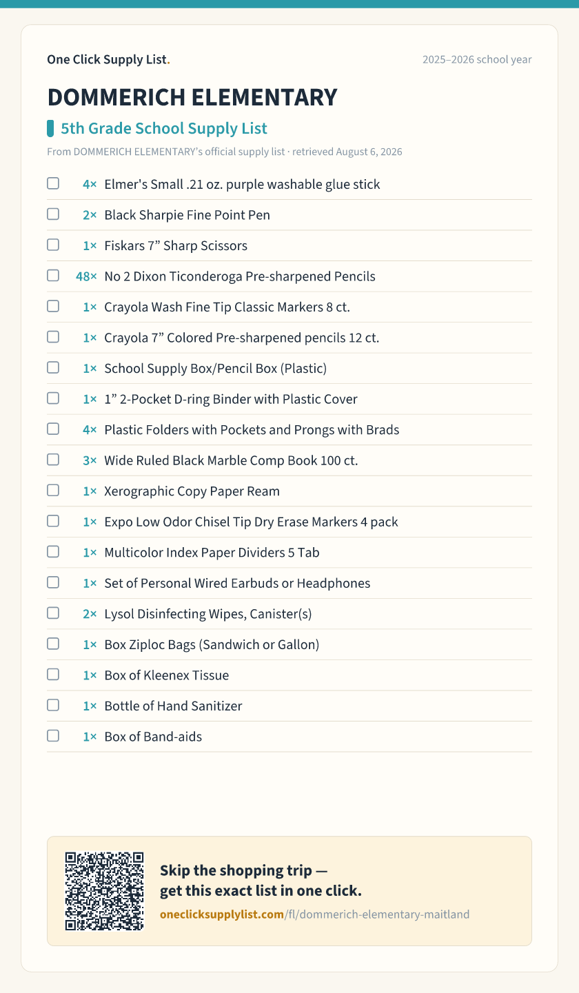 DOMMERICH ELEMENTARY 5th Grade School Supply List supply list — printable image