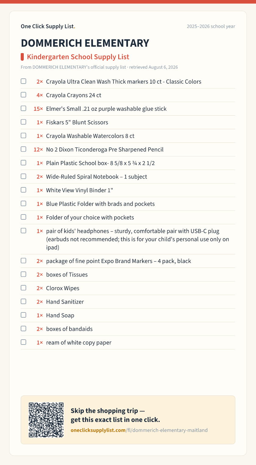 DOMMERICH ELEMENTARY Kindergarten School Supply List supply list — printable image