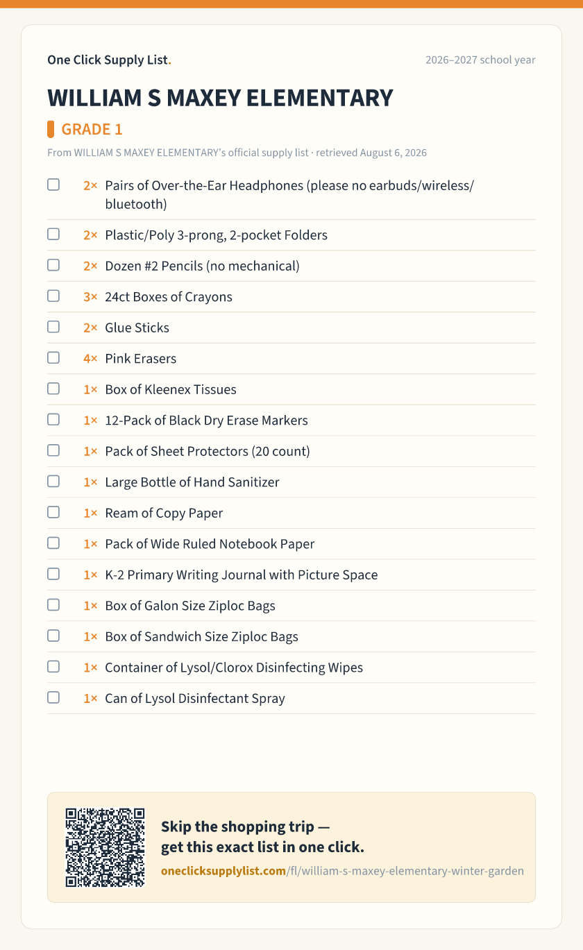 WILLIAM S MAXEY ELEMENTARY GRADE 1 supply list — printable image