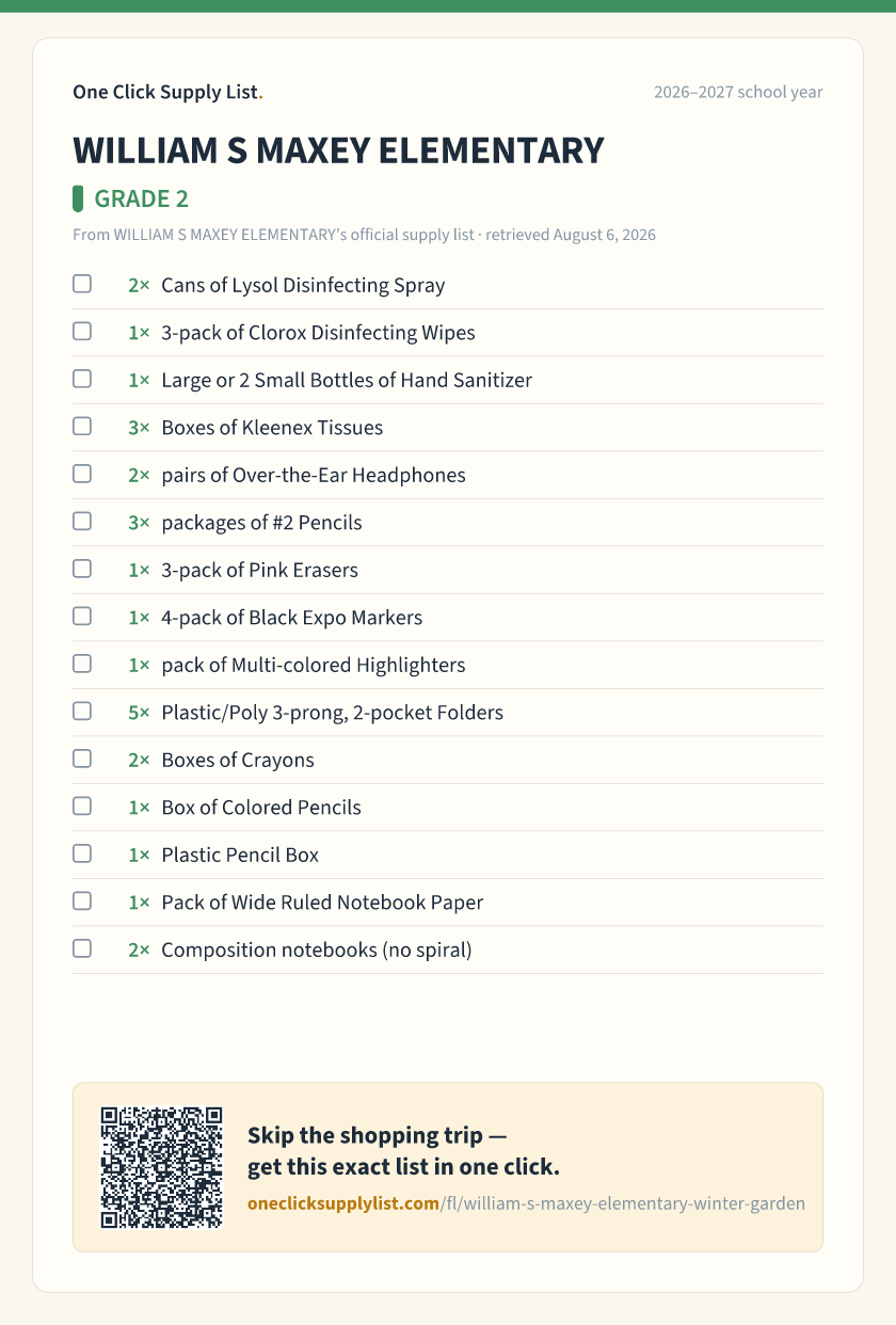 WILLIAM S MAXEY ELEMENTARY GRADE 2 supply list — printable image