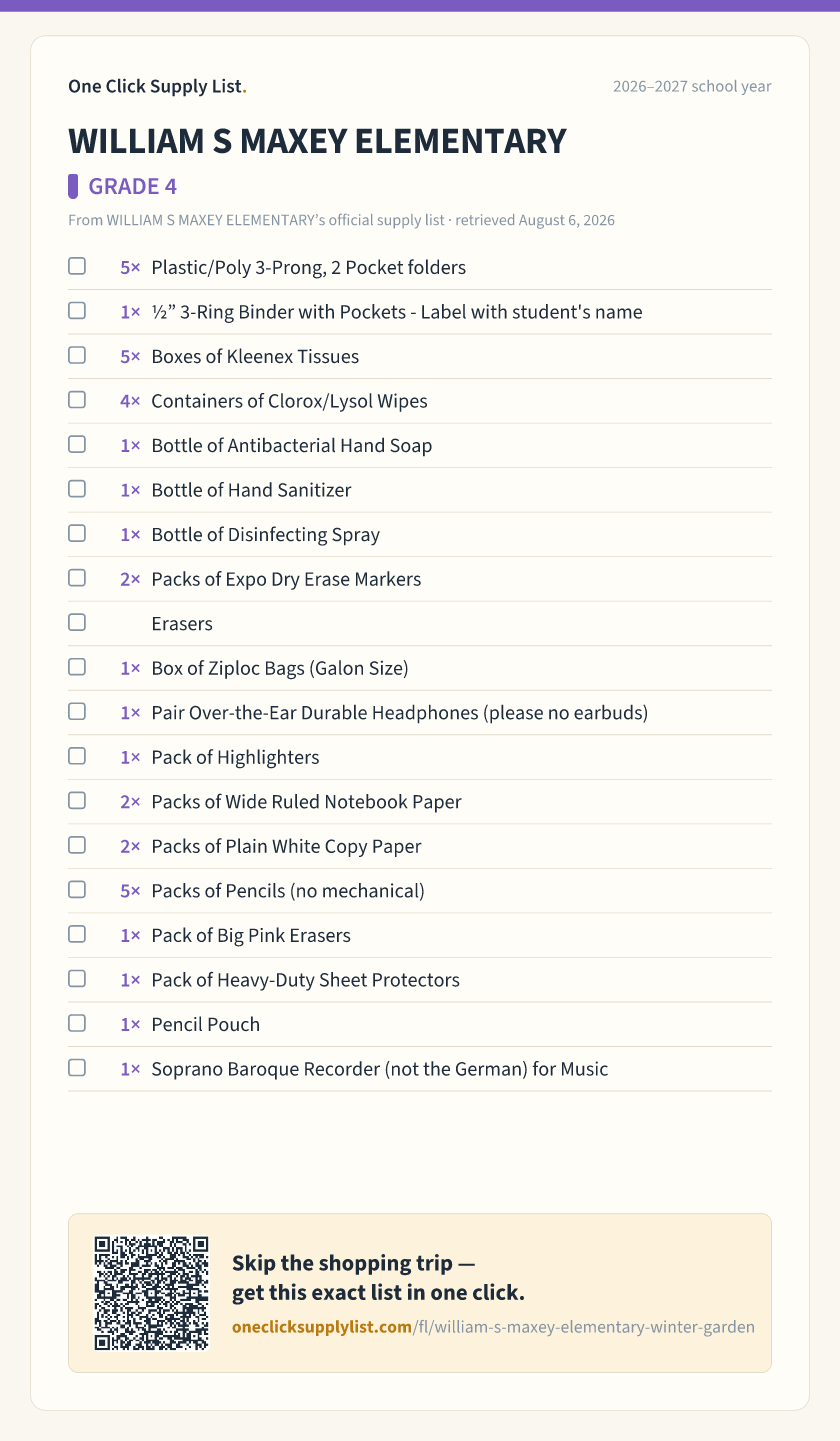 WILLIAM S MAXEY ELEMENTARY GRADE 4 supply list — printable image