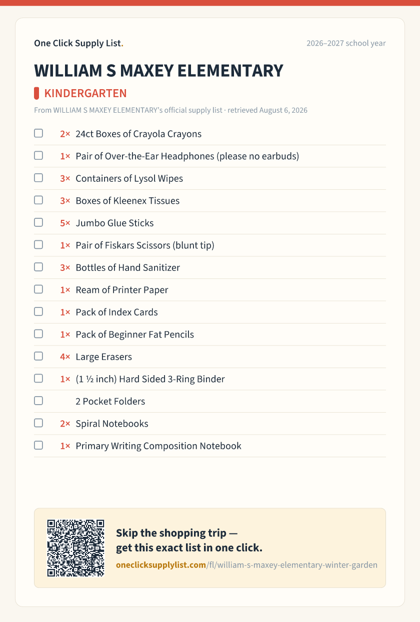 WILLIAM S MAXEY ELEMENTARY KINDERGARTEN supply list — printable image