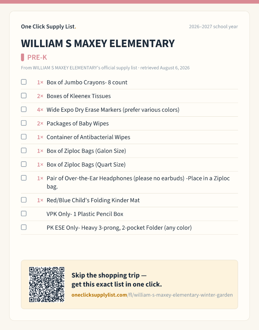 WILLIAM S MAXEY ELEMENTARY PRE-K supply list — printable image
