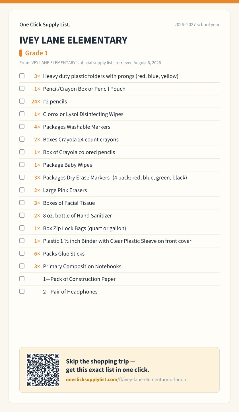 IVEY LANE ELEMENTARY Grade 1 supply list — printable image