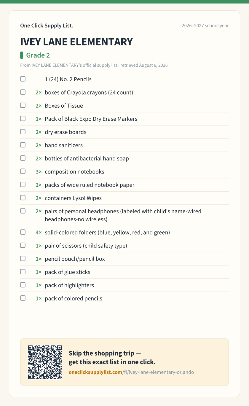 IVEY LANE ELEMENTARY Grade 2 supply list — printable image