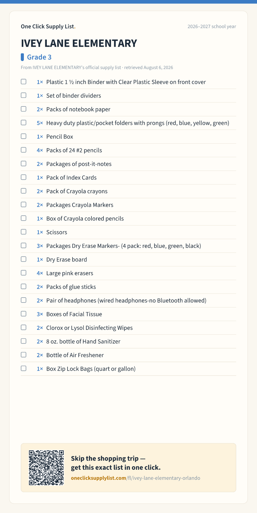 IVEY LANE ELEMENTARY Grade 3 supply list — printable image