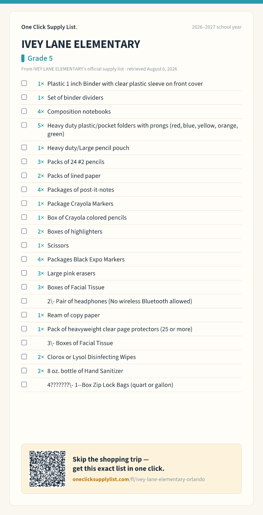 IVEY LANE ELEMENTARY Grade 5 supply list — printable image
