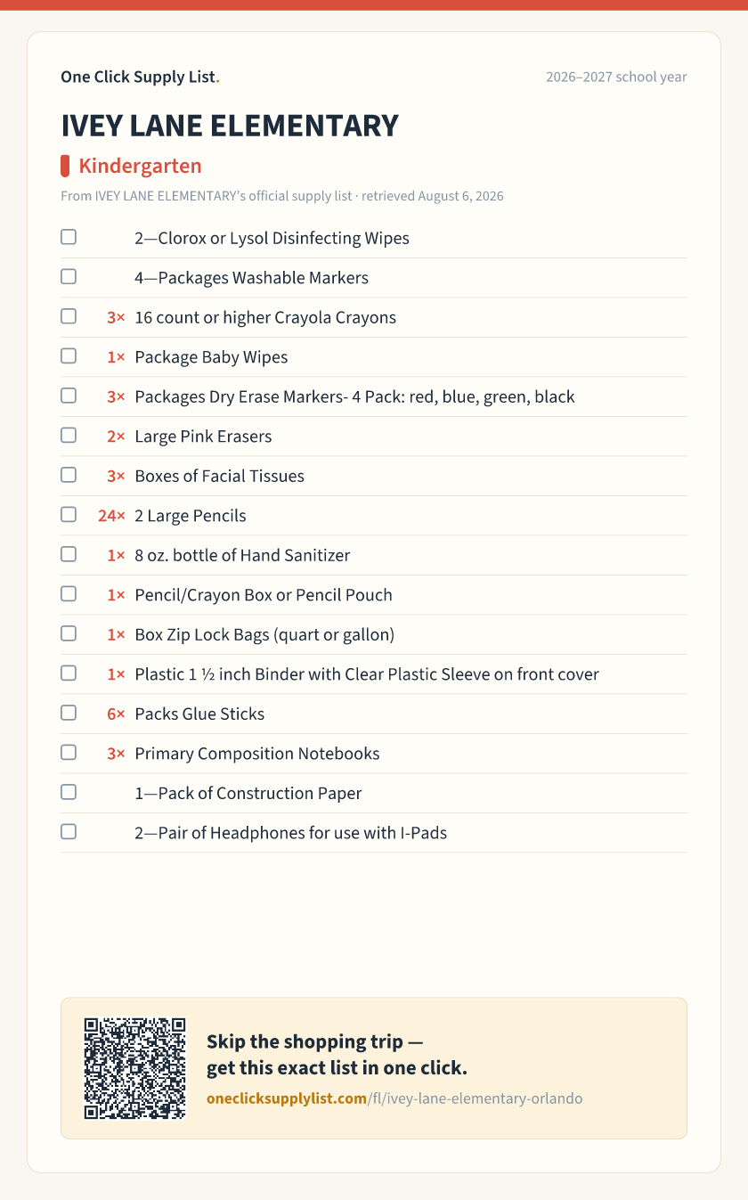 IVEY LANE ELEMENTARY Kindergarten supply list — printable image