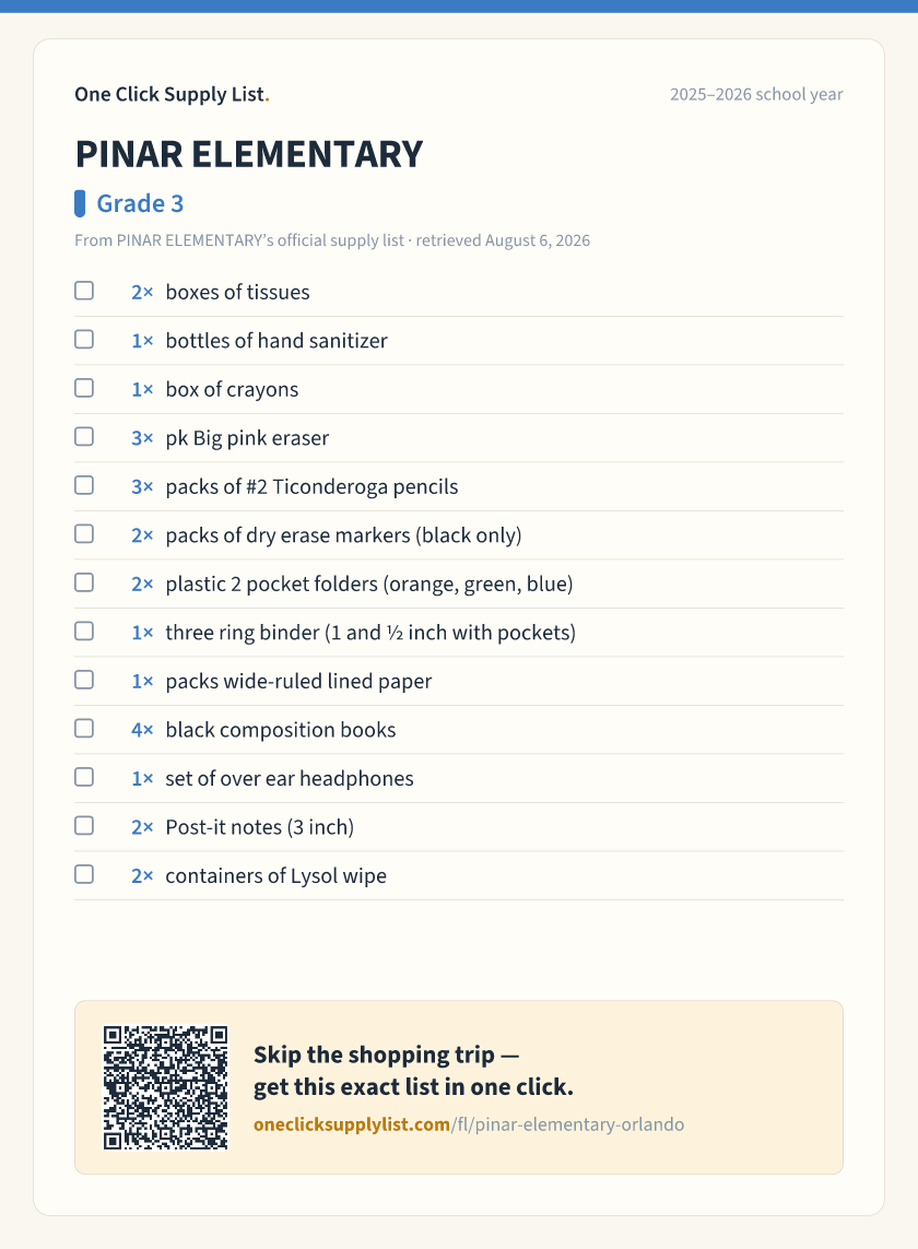 PINAR ELEMENTARY Grade 3 supply list — printable image