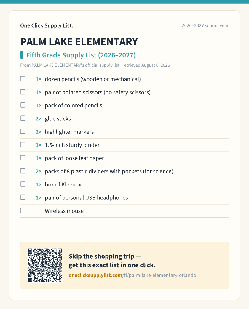 PALM LAKE ELEMENTARY Fifth Grade Supply List (2026–2027) supply list — printable image