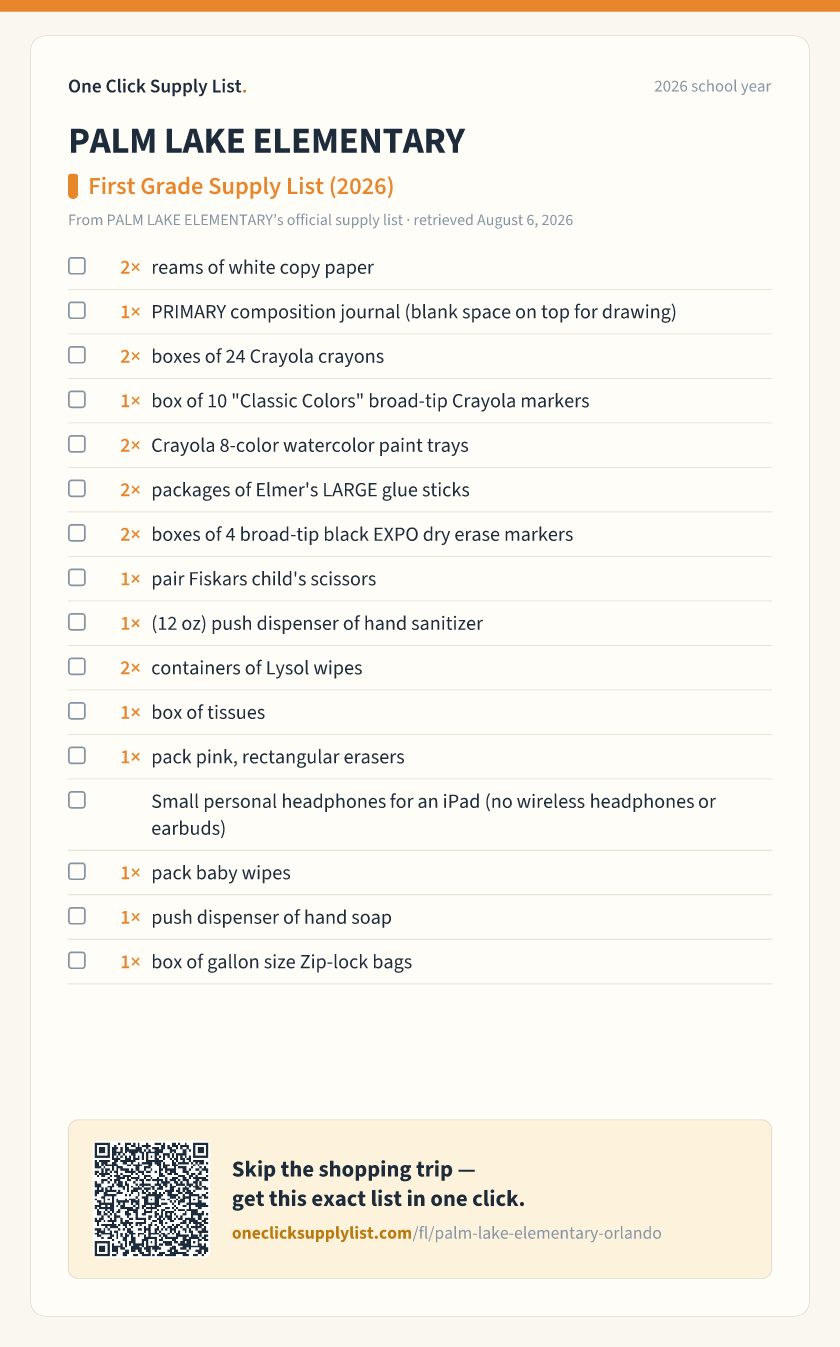 PALM LAKE ELEMENTARY First Grade Supply List (2026) supply list — printable image