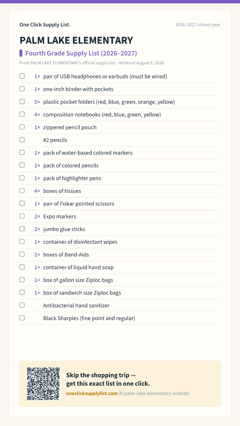 PALM LAKE ELEMENTARY Fourth Grade Supply List (2026–2027) supply list — printable image