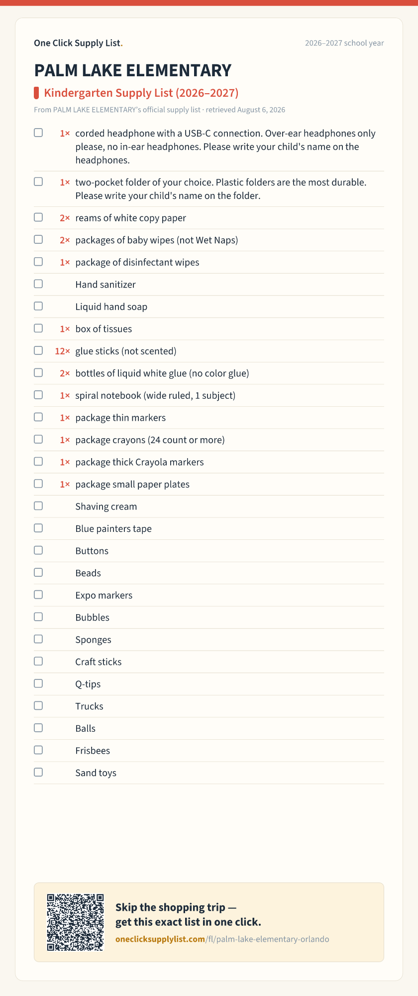 PALM LAKE ELEMENTARY Kindergarten Supply List (2026–2027) supply list — printable image