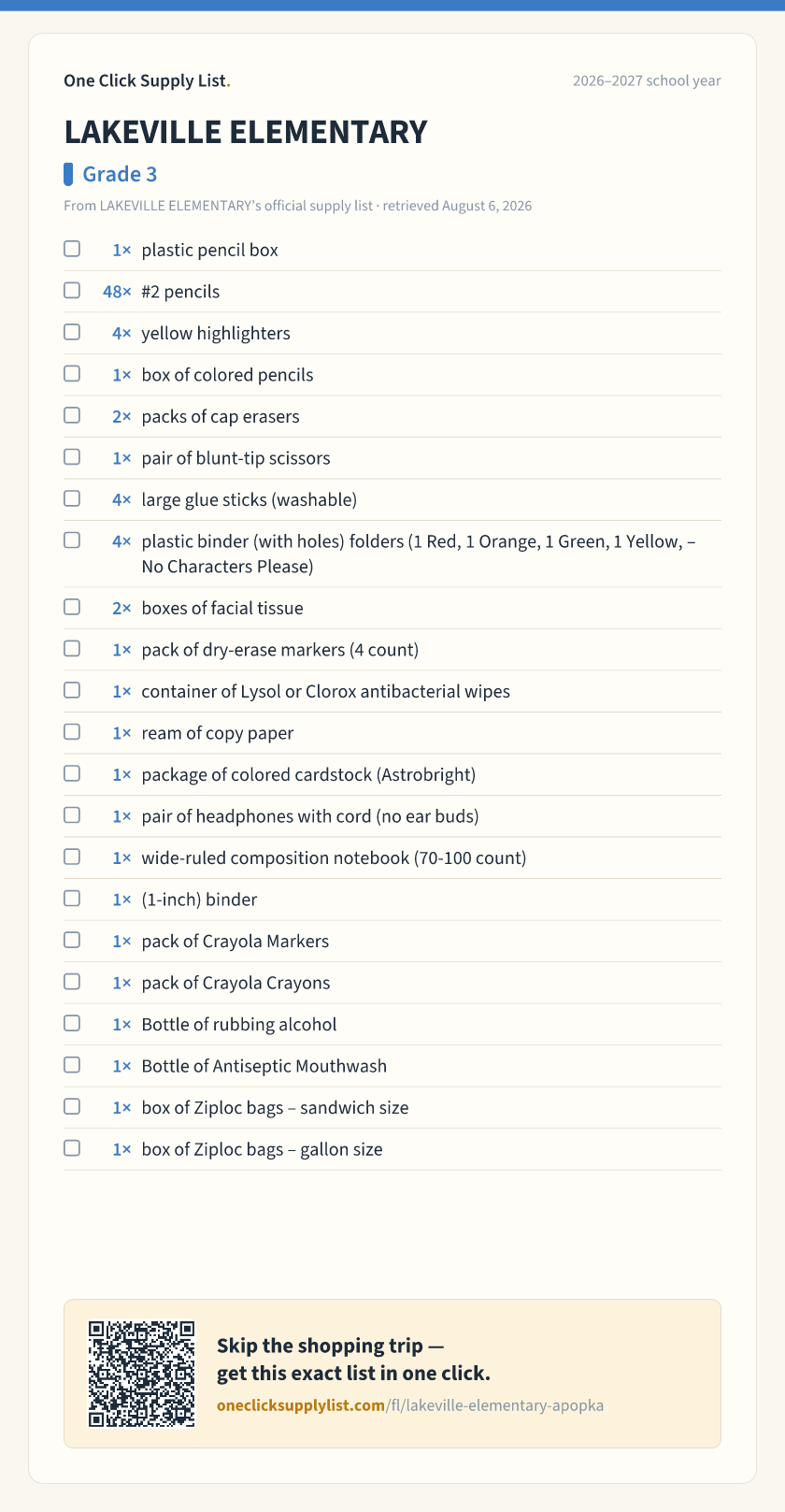 LAKEVILLE ELEMENTARY Grade 3 supply list — printable image