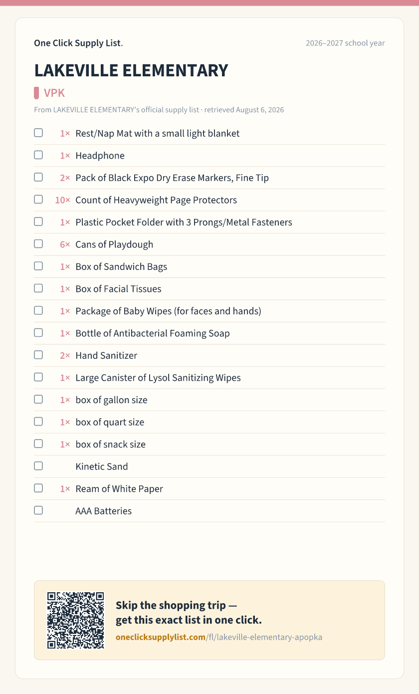 LAKEVILLE ELEMENTARY VPK supply list — printable image
