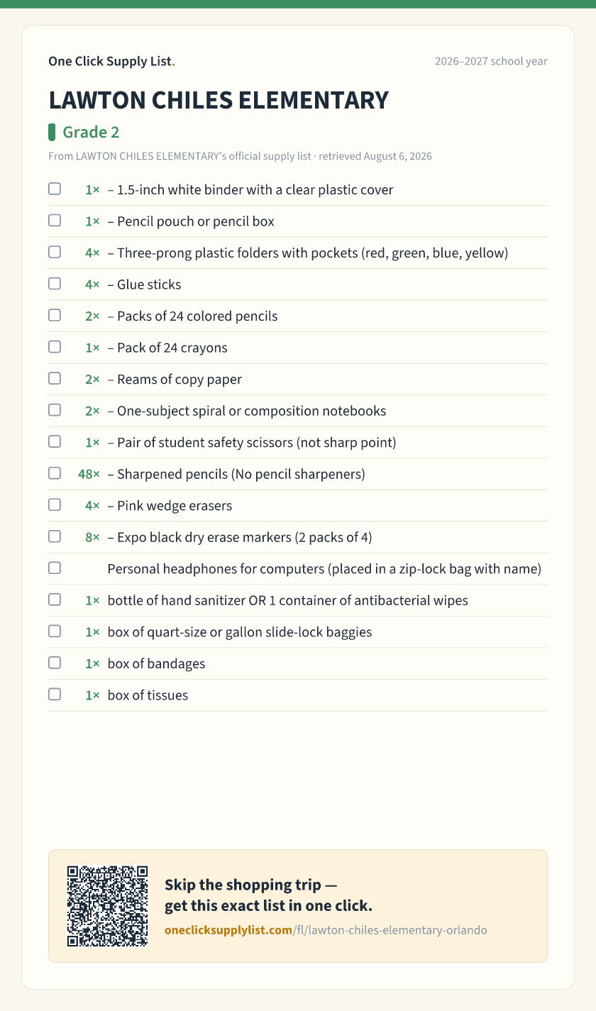 LAWTON CHILES ELEMENTARY Grade 2 supply list — printable image