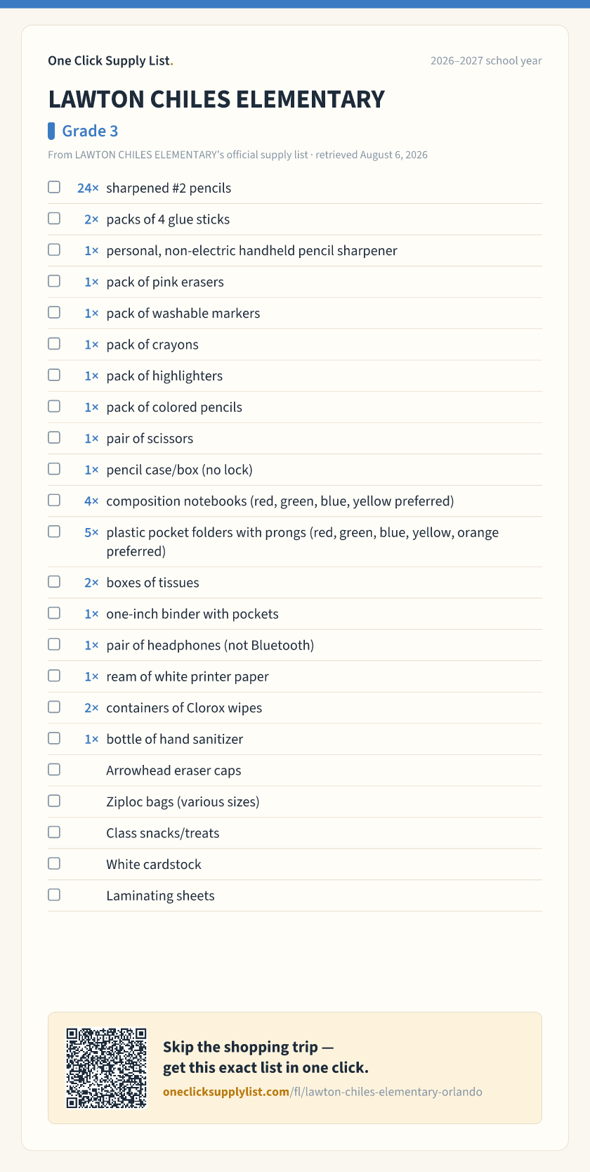 LAWTON CHILES ELEMENTARY Grade 3 supply list — printable image