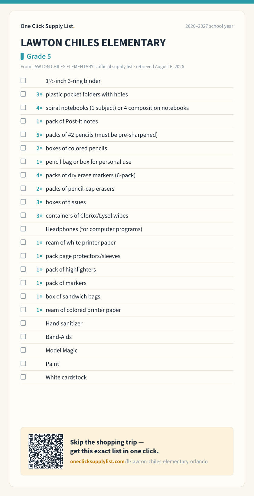 LAWTON CHILES ELEMENTARY Grade 5 supply list — printable image