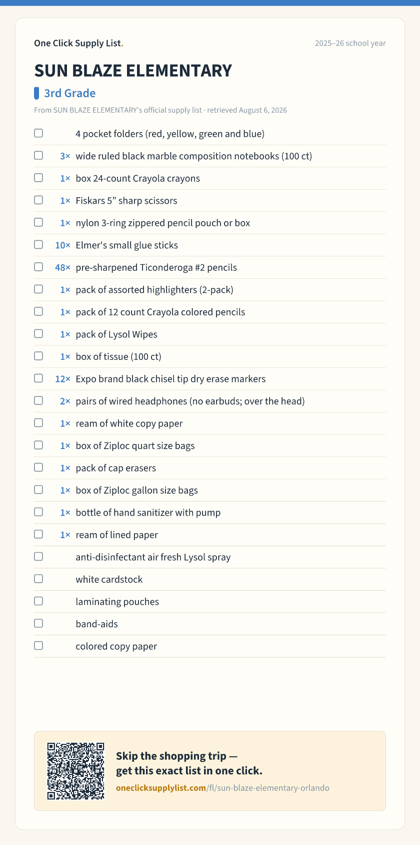 SUN BLAZE ELEMENTARY 3rd Grade supply list — printable image