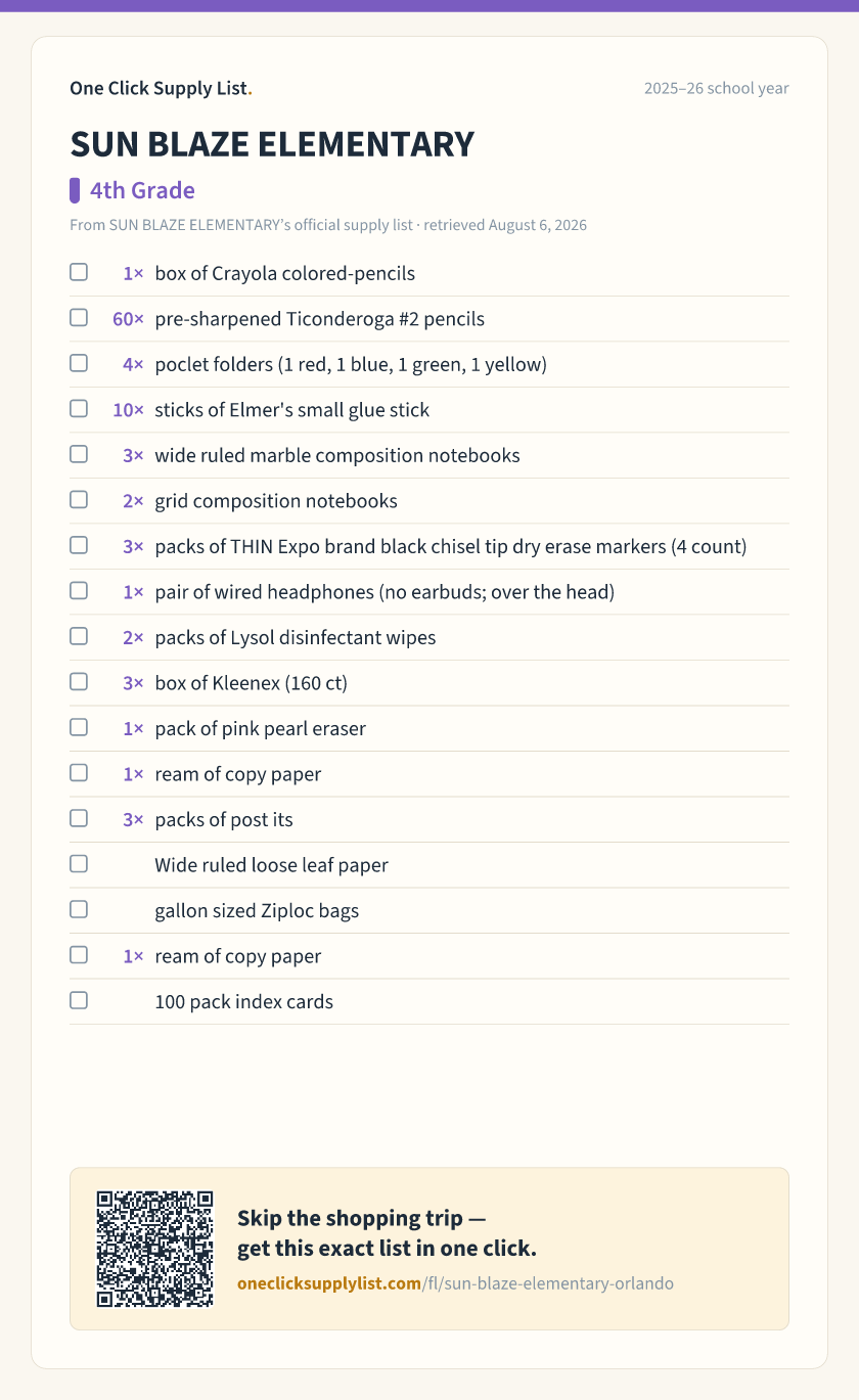 SUN BLAZE ELEMENTARY 4th Grade supply list — printable image