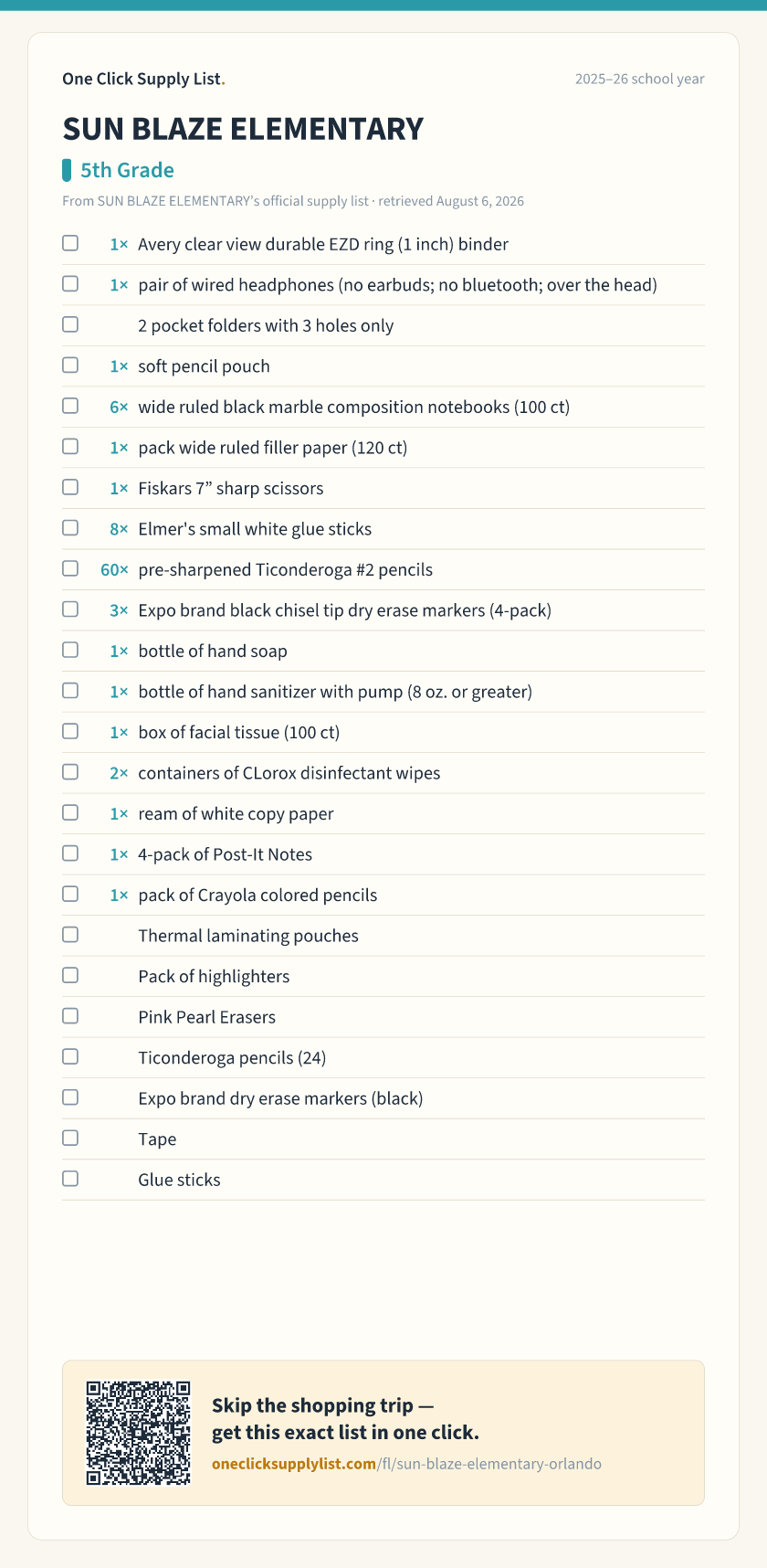 SUN BLAZE ELEMENTARY 5th Grade supply list — printable image