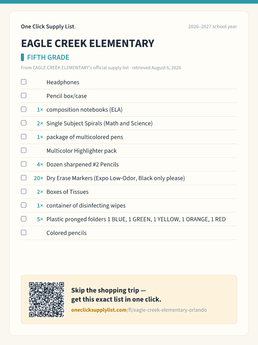 EAGLE CREEK ELEMENTARY FIFTH GRADE supply list — printable image