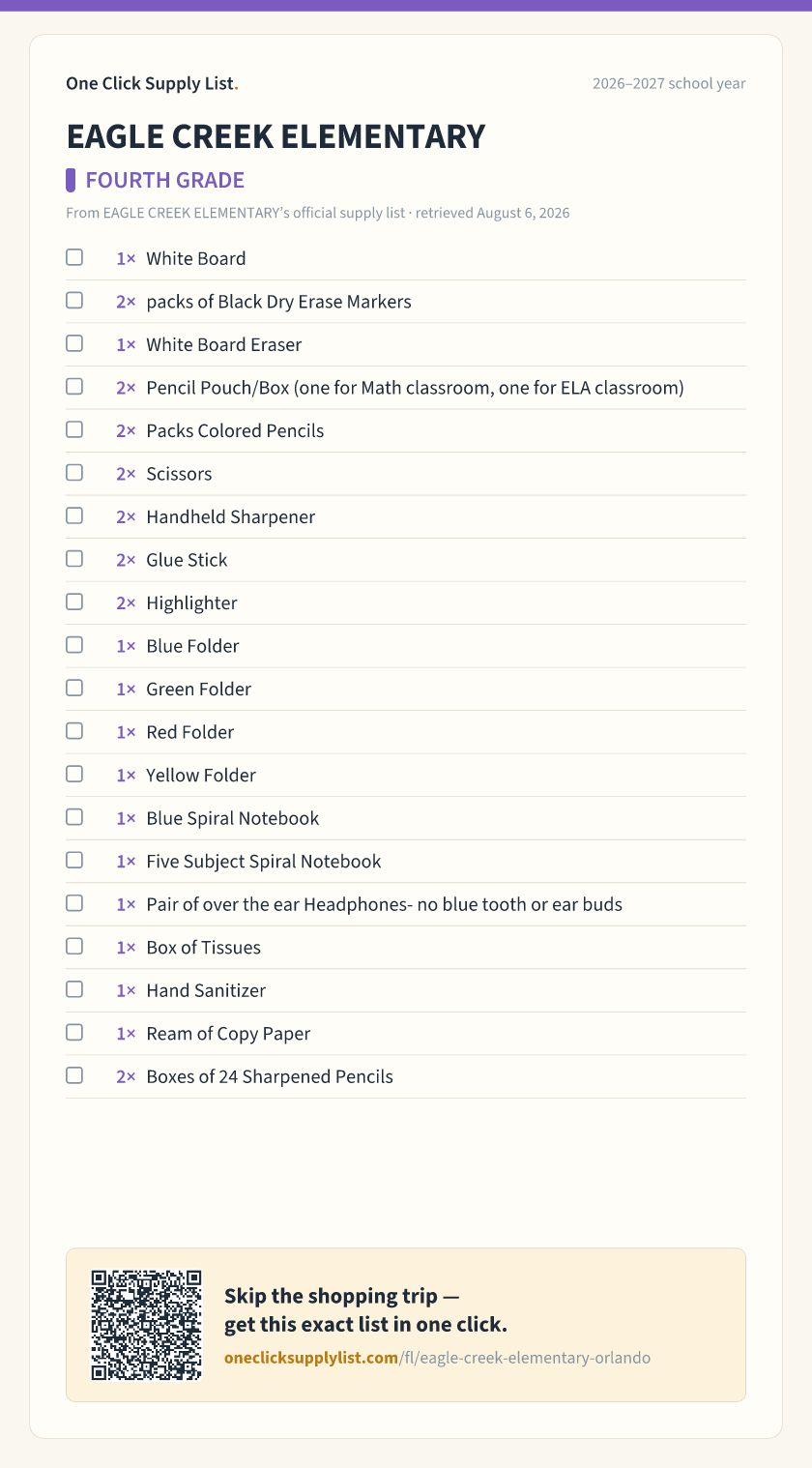 EAGLE CREEK ELEMENTARY FOURTH GRADE supply list — printable image