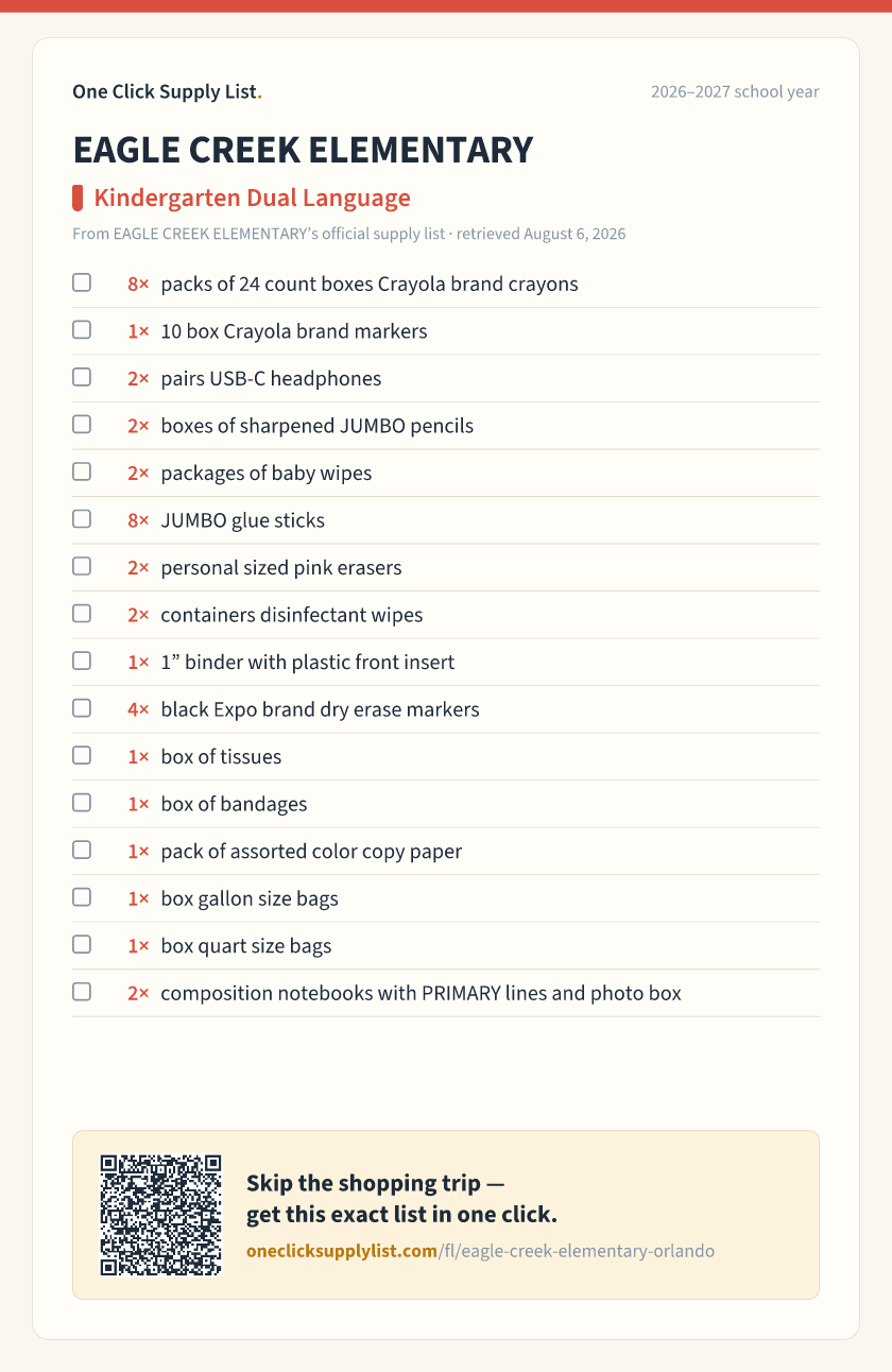 EAGLE CREEK ELEMENTARY Kindergarten Dual Language supply list — printable image